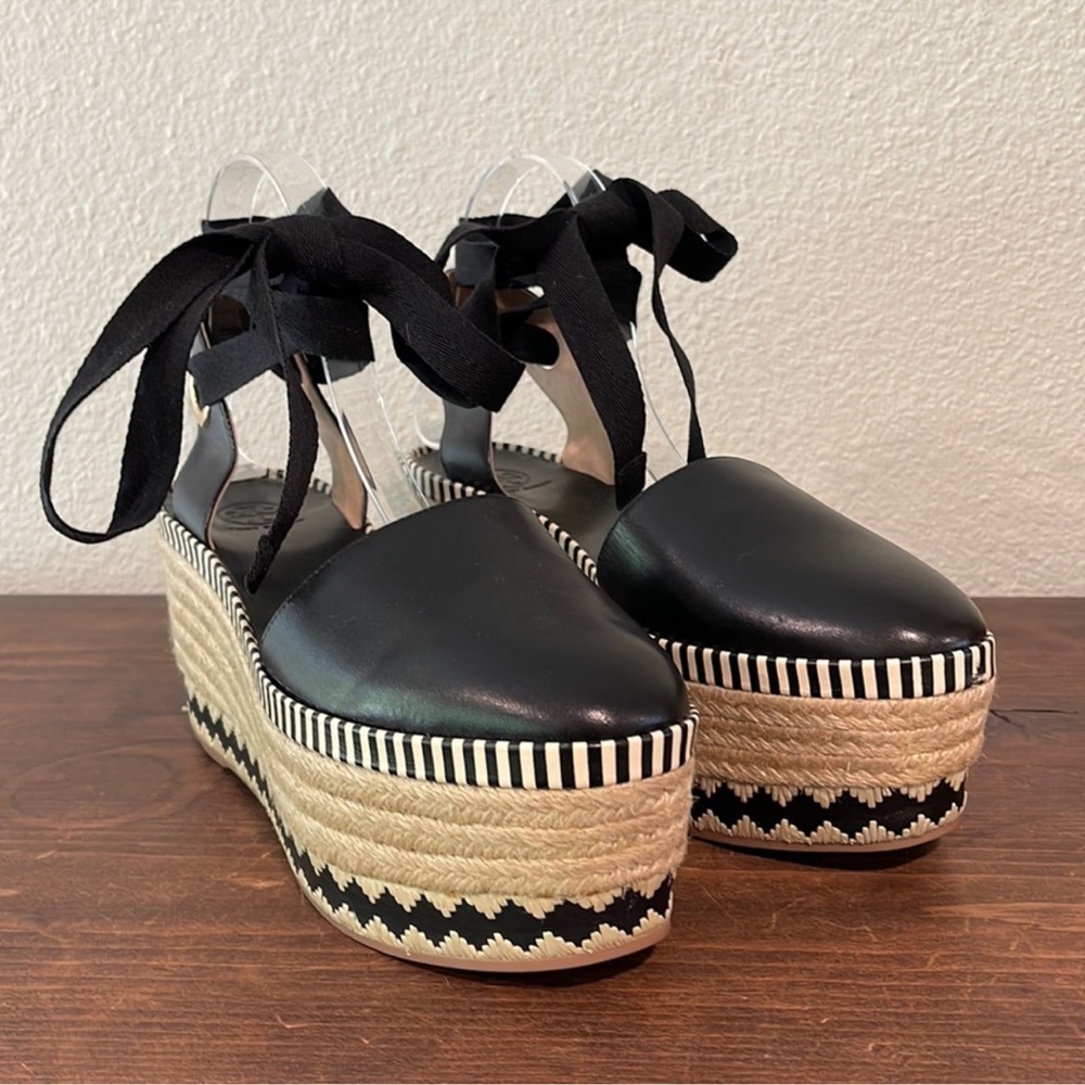 TORY BURCH DANDY BLACK LEATHER ESPADRILLE PLATFORM WEDGES